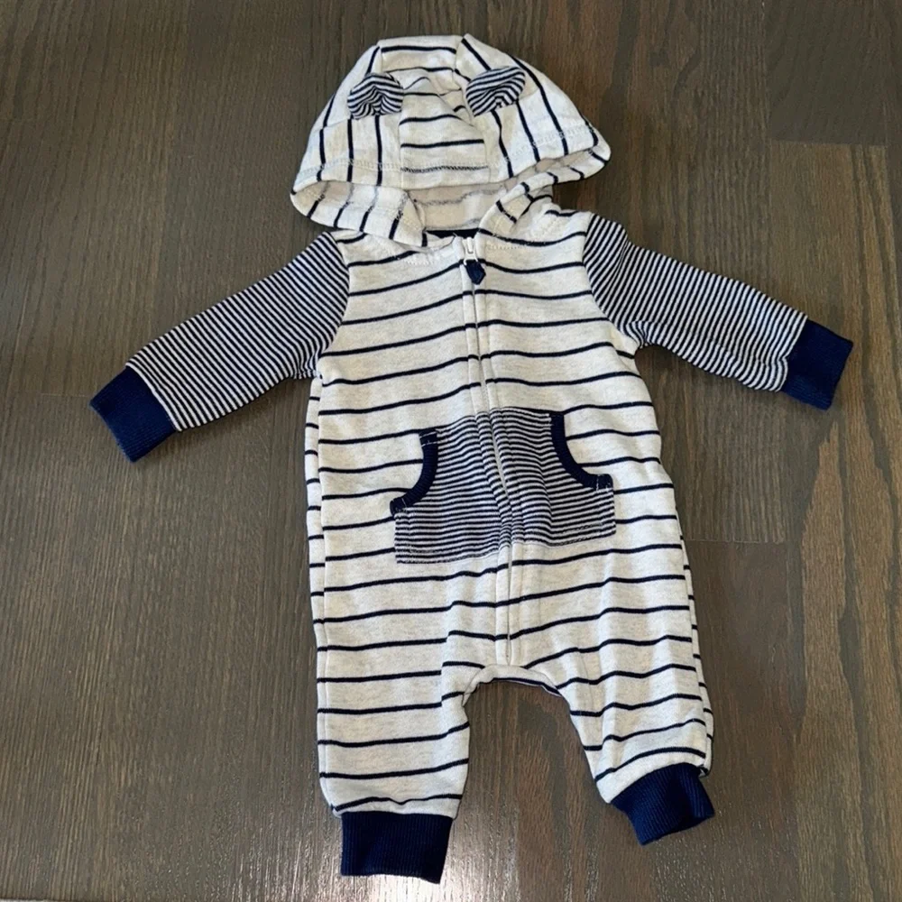 Carter's Striped Fleece Bear Hooded Jumpsuit | 3M